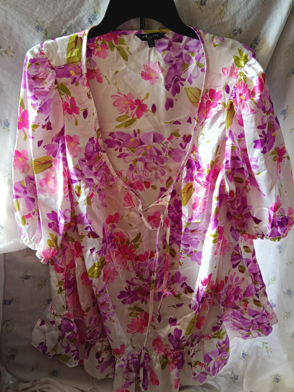 Ruby Rox Pink & Purple Floral Tie-Front Blouse